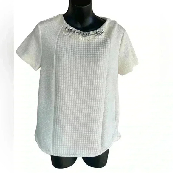 ANN TAYLOR petite women’s white/cream/silver jeweled textures short sleeve top - Picture 1 of 8